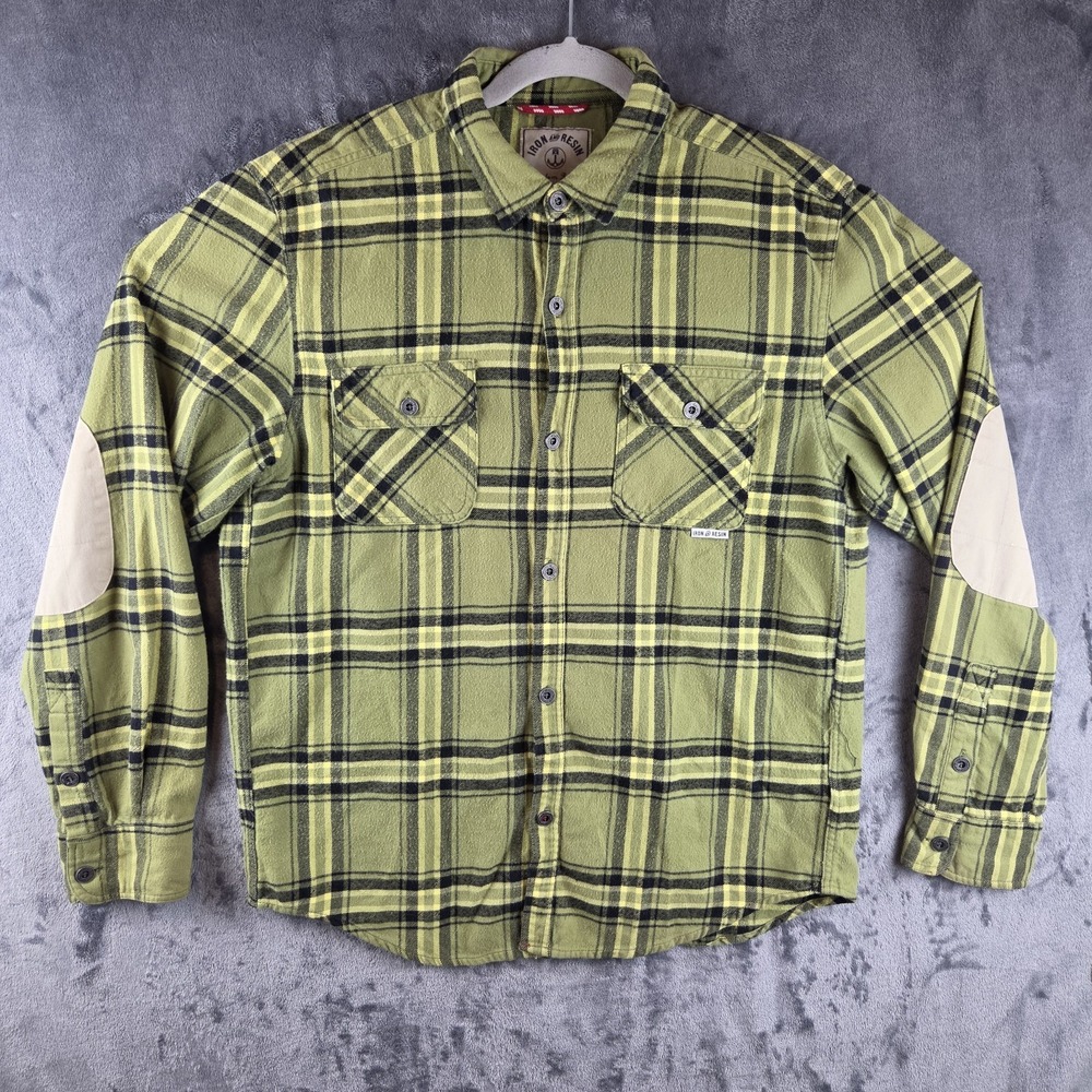 Iron and Resin Green Plaid Flannel Shirt Men's Large Elbow Patches Pockets